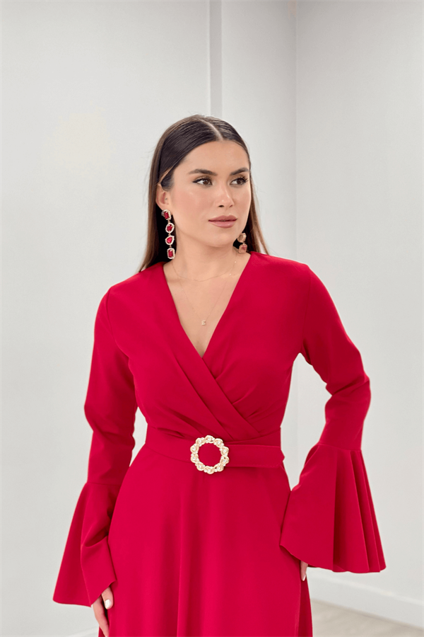 Krep Kumaş Kolları Volan Detaylı Maxiboy Abiye Elbise - KIRMIZI