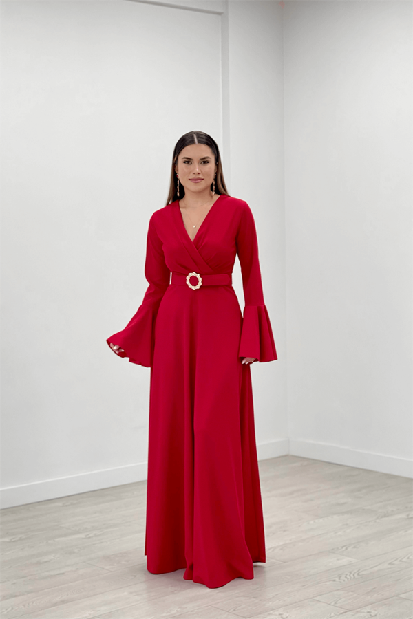 Krep Kumaş Kolları Volan Detaylı Maxiboy Abiye Elbise - KIRMIZI