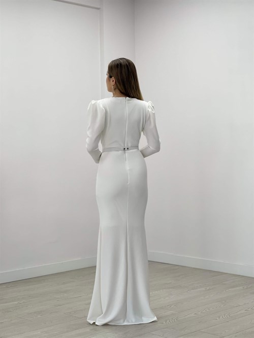 Krep Kumaş Kruvaze Yaka Balık Elbise - BEYAZ