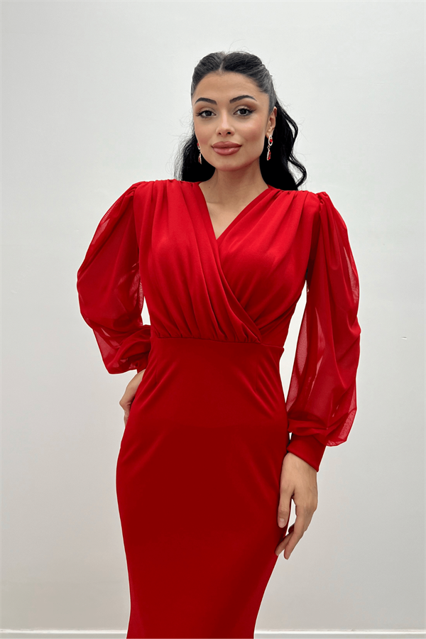 Krep Kumaş Kruvaze Yaka Balık Elbise - KIRMIZI