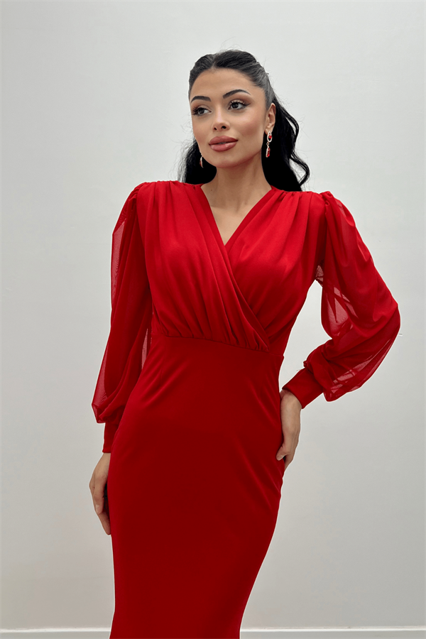 Krep Kumaş Kruvaze Yaka Balık Elbise - KIRMIZI