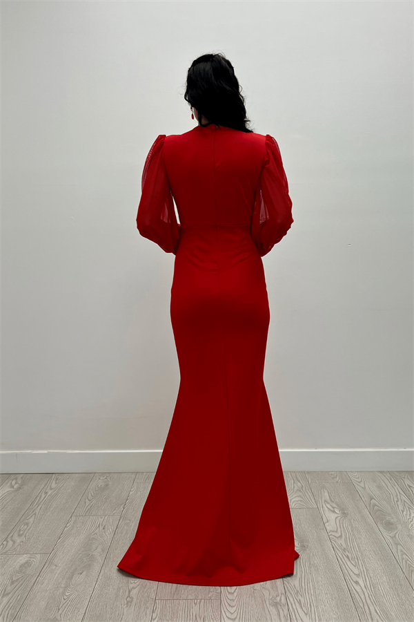 Krep Kumaş Kruvaze Yaka Balık Elbise - KIRMIZI