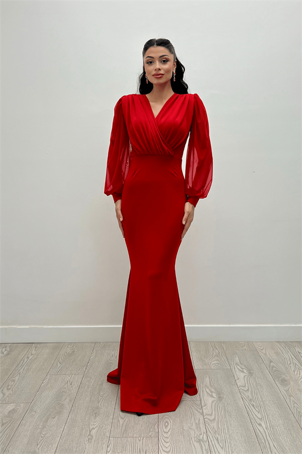 Krep Kumaş Kruvaze Yaka Balık Elbise - KIRMIZI