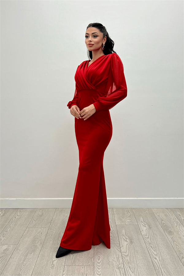 Krep Kumaş Kruvaze Yaka Balık Elbise - KIRMIZI