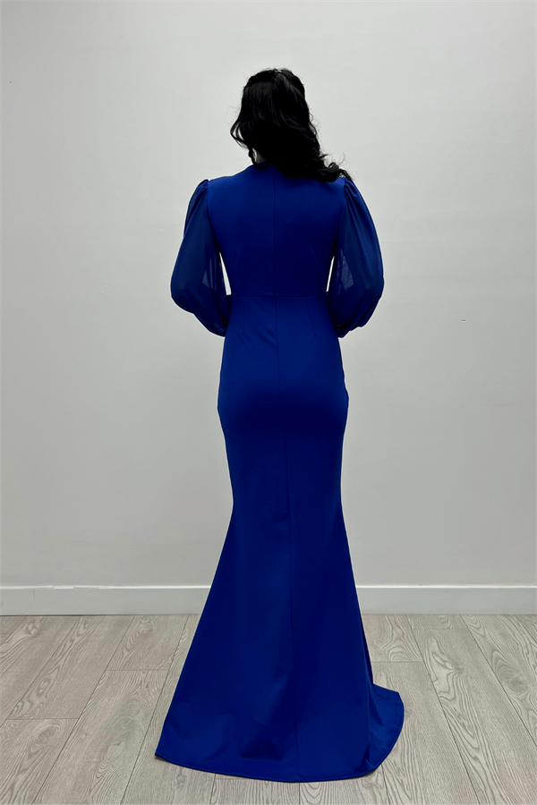 Krep Kumaş Kruvaze Yaka Balık Elbise - SAKS MAVİ