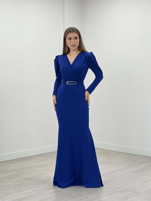 Krep Kumaş Kruvaze Yaka Balık Elbise - SAKS MAVİ