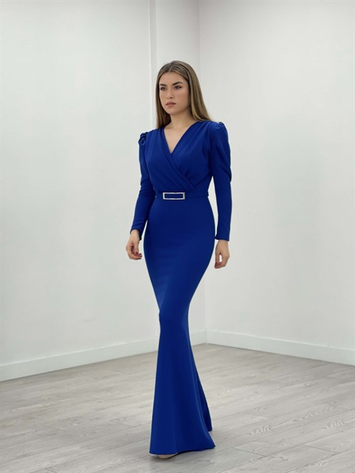 Krep Kumaş Kruvaze Yaka Balık Elbise - SAKS MAVİ