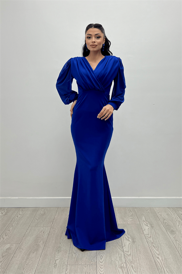 Krep Kumaş Kruvaze Yaka Balık Elbise - SAKS MAVİ