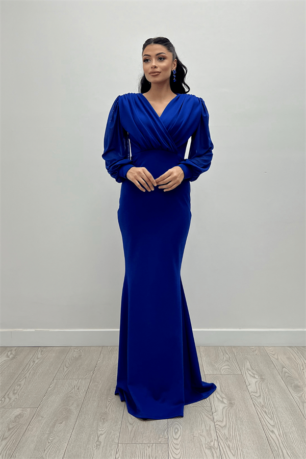 Krep Kumaş Kruvaze Yaka Balık Elbise - SAKS MAVİ