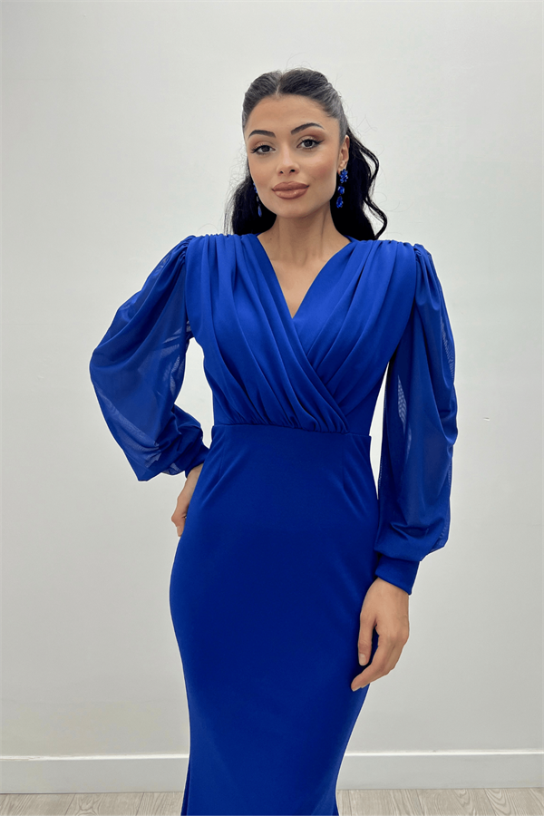 Krep Kumaş Kruvaze Yaka Balık Elbise - SAKS MAVİ