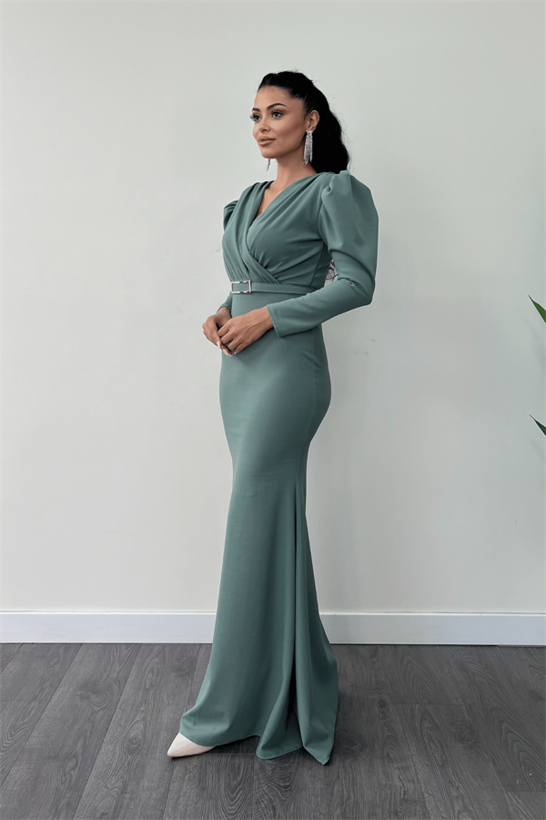 Krep Kumaş Kruvaze Yaka Balık Elbise - SU YEŞİLİ