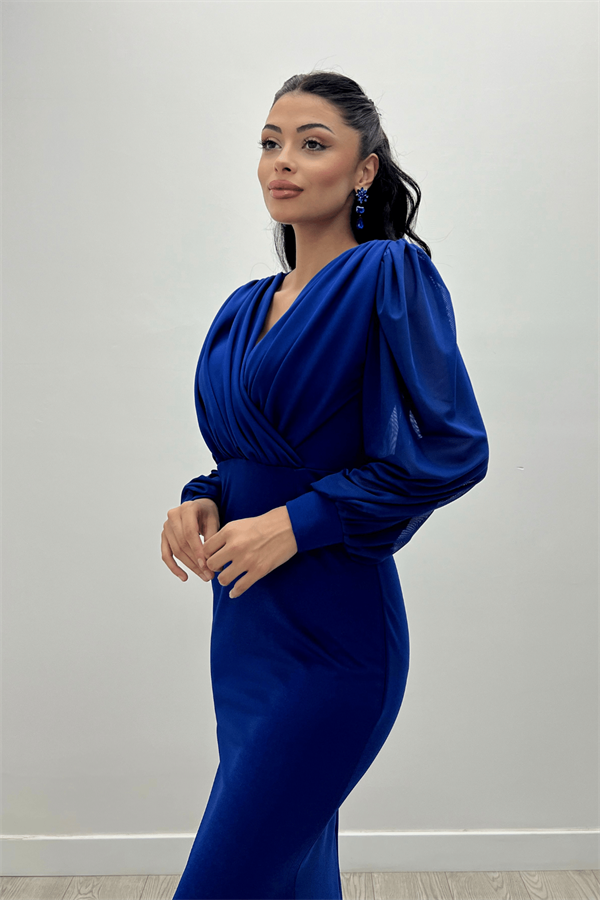 Krep Kumaş Kruvaze Yaka Balık Elbise - SAKS MAVİ