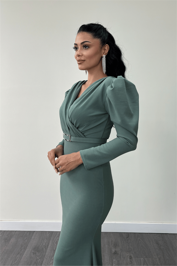 Krep Kumaş Kruvaze Yaka Balık Elbise - SU YEŞİLİ