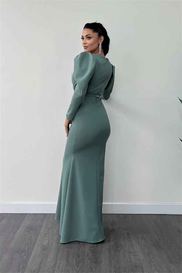 Krep Kumaş Kruvaze Yaka Balık Elbise - SU YEŞİLİ