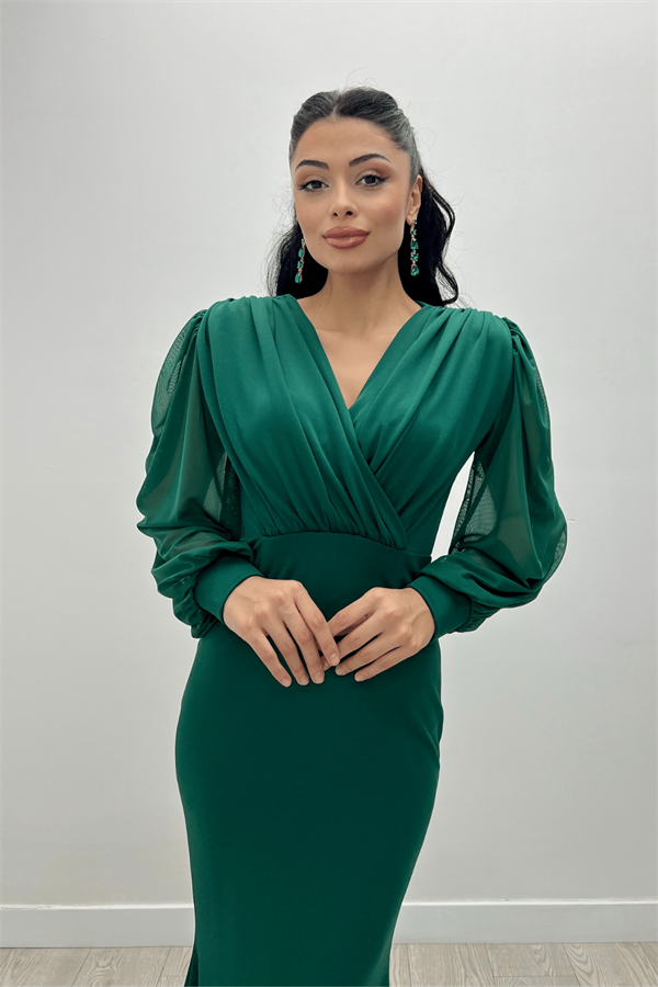 Krep Kumaş Kruvaze Yaka Balık Elbise - ZÜMRÜT YEŞİL