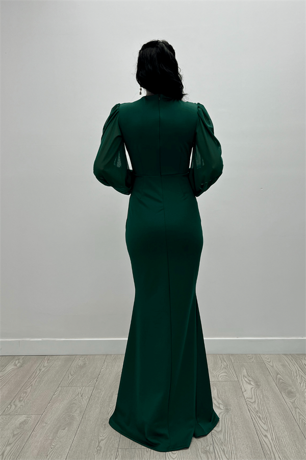 Krep Kumaş Kruvaze Yaka Balık Elbise - ZÜMRÜT YEŞİL