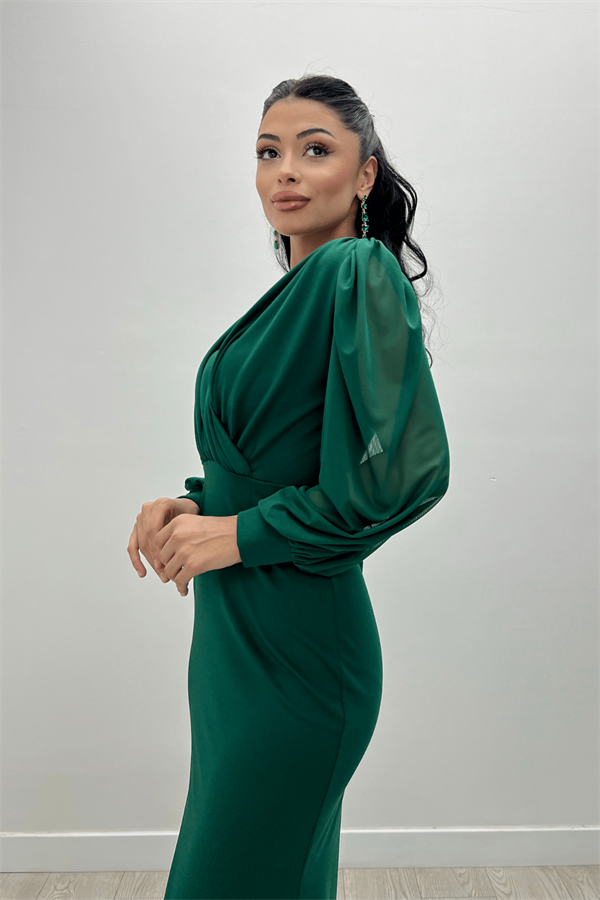 Krep Kumaş Kruvaze Yaka Balık Elbise - ZÜMRÜT YEŞİL