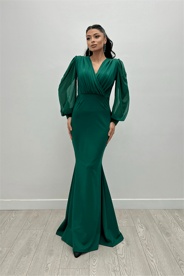Krep Kumaş Kruvaze Yaka Balık Elbise - ZÜMRÜT YEŞİL