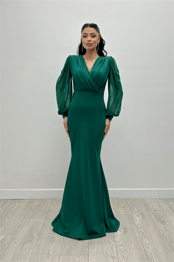 Krep Kumaş Kruvaze Yaka Balık Elbise - ZÜMRÜT YEŞİL
