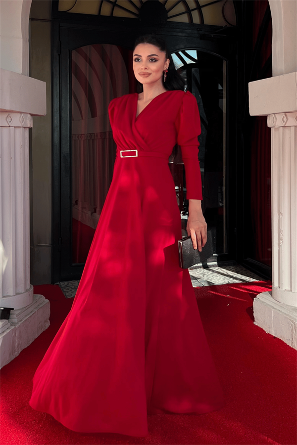 Krep Kumaş Kruvaze Yaka Kiloş Elbise - BORDO