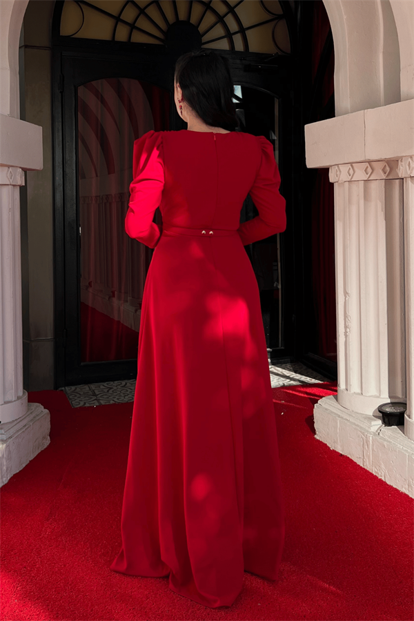 Krep Kumaş Kruvaze Yaka Kiloş Elbise - BORDO