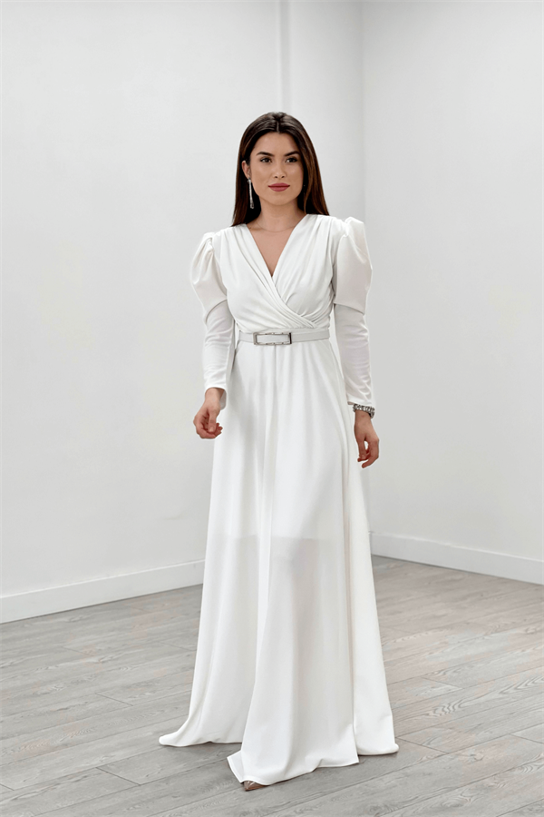 Krep Kumaş Kruvaze Yaka Kiloş Elbise - BEYAZ