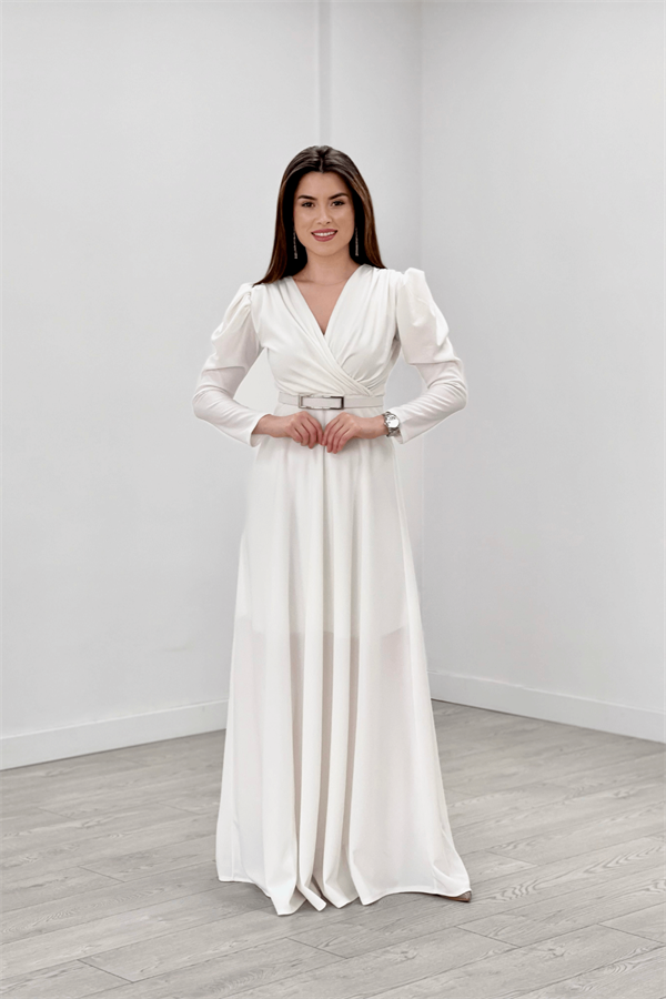 Krep Kumaş Kruvaze Yaka Kiloş Elbise - BEYAZ