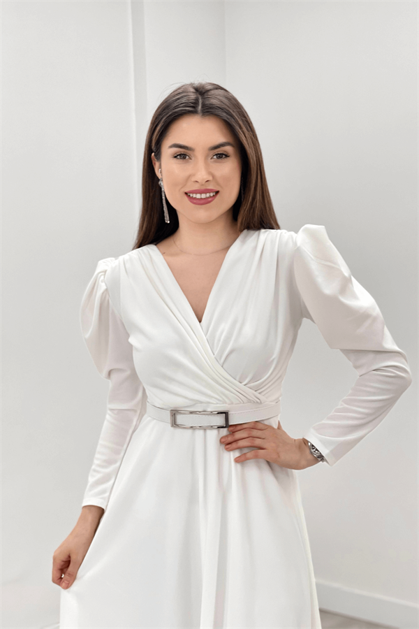 Krep Kumaş Kruvaze Yaka Kiloş Elbise - BEYAZ