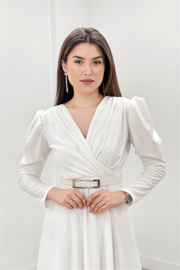 Krep Kumaş Kruvaze Yaka Kiloş Elbise - BEYAZ