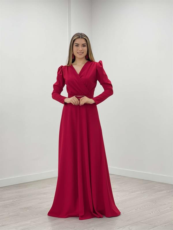 Krep Kumaş Kruvaze Yaka Kiloş Elbise - KIRMIZI