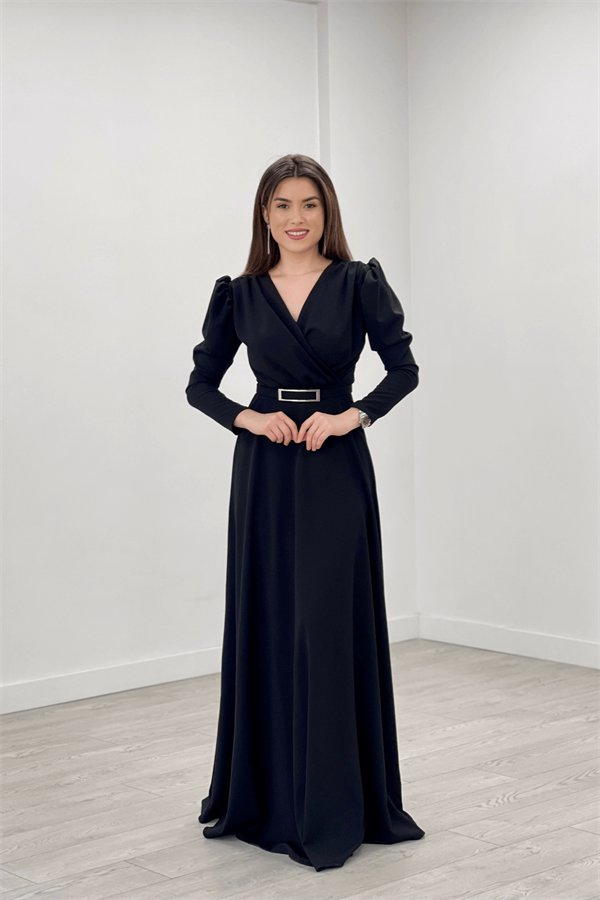 Krep Kumaş Kruvaze Yaka Kiloş Elbise - SİYAH