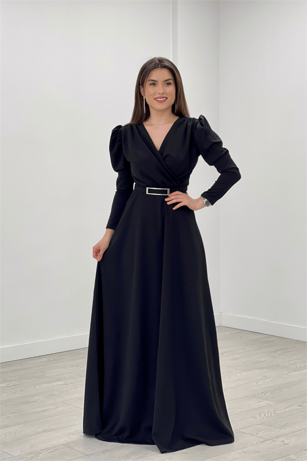 Krep Kumaş Kruvaze Yaka Kiloş Elbise - SİYAH