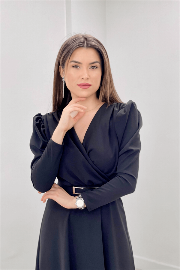 Krep Kumaş Kruvaze Yaka Kiloş Elbise - SİYAH