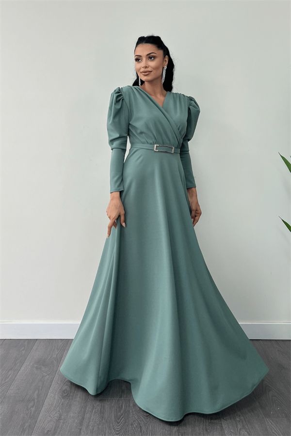 Krep Kumaş Kruvaze Yaka Kiloş Elbise - SU YEŞİLİ