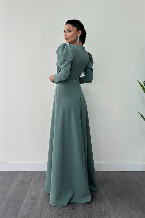 Krep Kumaş Kruvaze Yaka Kiloş Elbise - SU YEŞİLİ