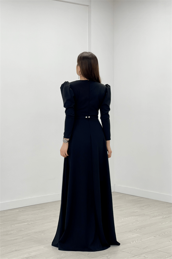 Krep Kumaş Kruvaze Yaka Kiloş Elbise - SİYAH