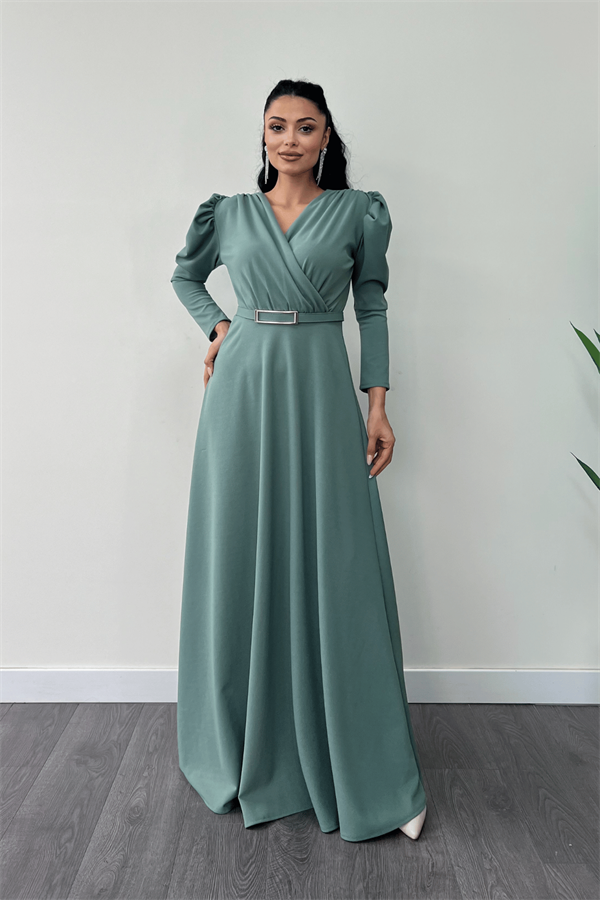 Krep Kumaş Kruvaze Yaka Kiloş Elbise - SU YEŞİLİ