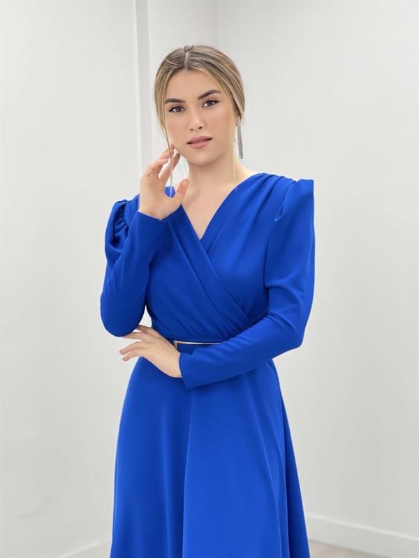 Krep Kumaş Kruvaze Yaka Kiloş Elbise - SAKS MAVİ