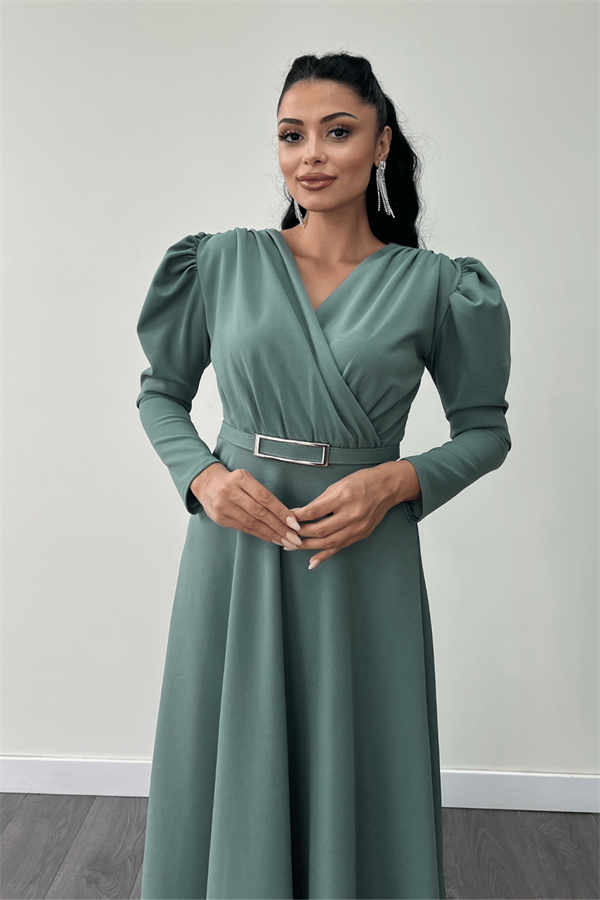 Krep Kumaş Kruvaze Yaka Kiloş Elbise - SU YEŞİLİ