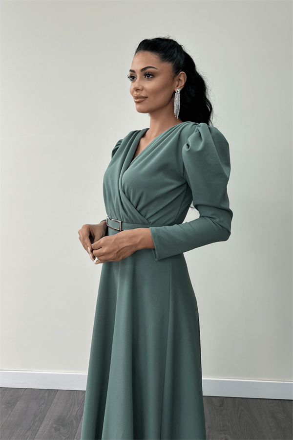 Krep Kumaş Kruvaze Yaka Kiloş Elbise - SU YEŞİLİ