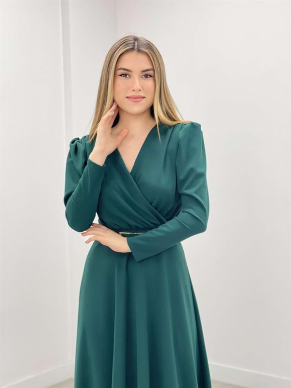 Krep Kumaş Kruvaze Yaka Kiloş Elbise - ZÜMRÜT YEŞİL