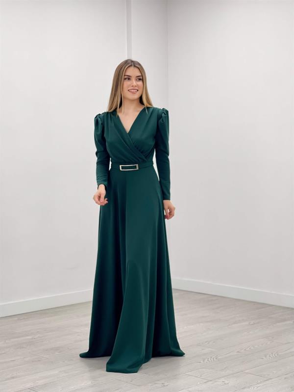 Krep Kumaş Kruvaze Yaka Kiloş Elbise - ZÜMRÜT YEŞİL