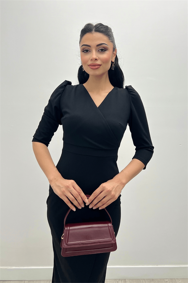 فستان متوسط ​​الطول بقماش كريب - الأسود