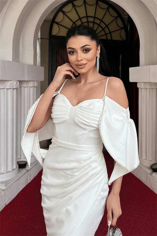 Krep Kumaş Omuz Detaylı Balık Elbise - BEYAZ