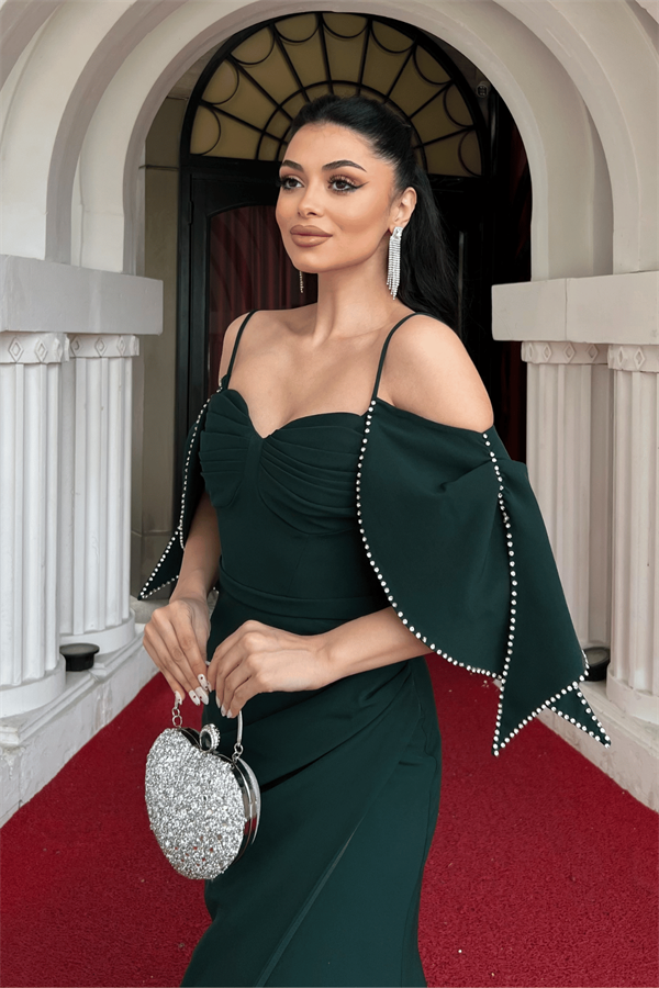 Krep Kumaş Omuz Detaylı Balık Elbise - ZÜMRÜT YEŞİL