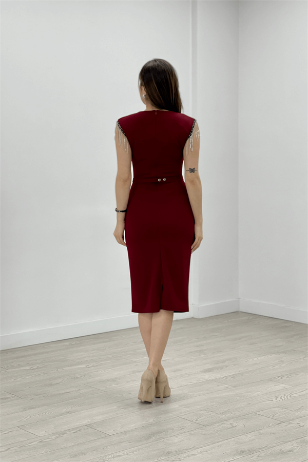 Krep Kumaş Omuz Püsküllü Kalem Abiye Elbise - BORDO