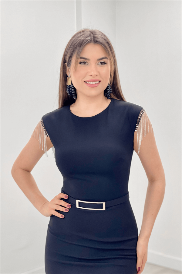 Crepe Fabric Shoulder Tasseled Pencil Evening Dress - BLACK