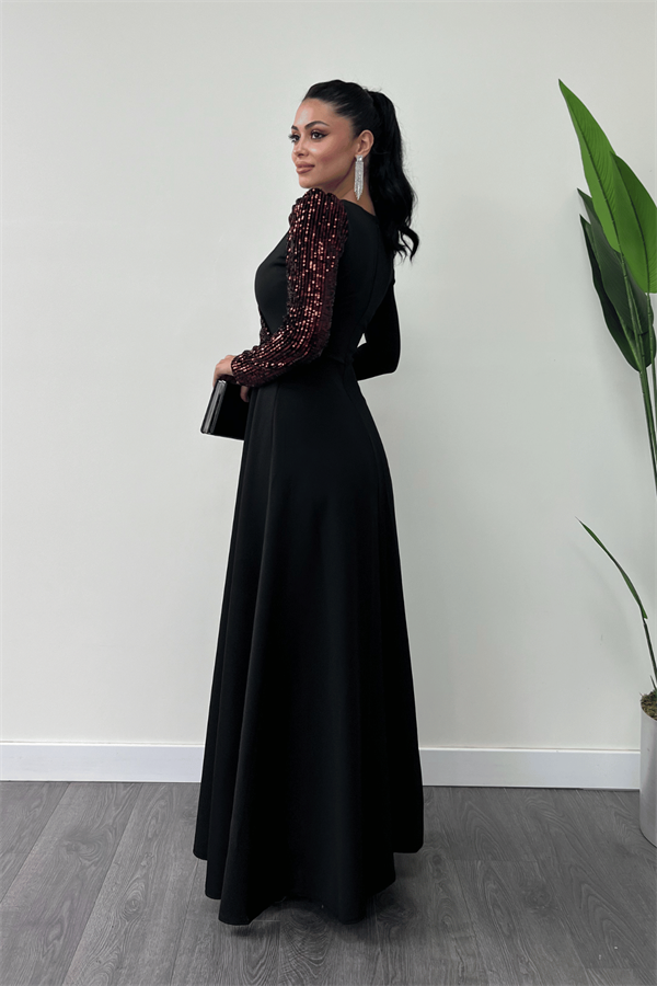 Krep Kumaş Payet Detaylı Elbise - BORDO