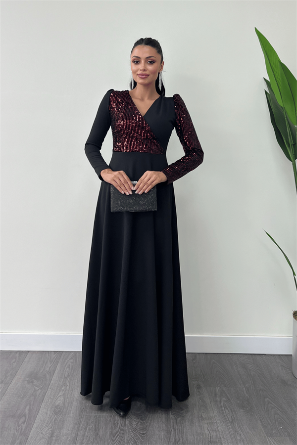 Krep Kumaş Payet Detaylı Elbise - BORDO