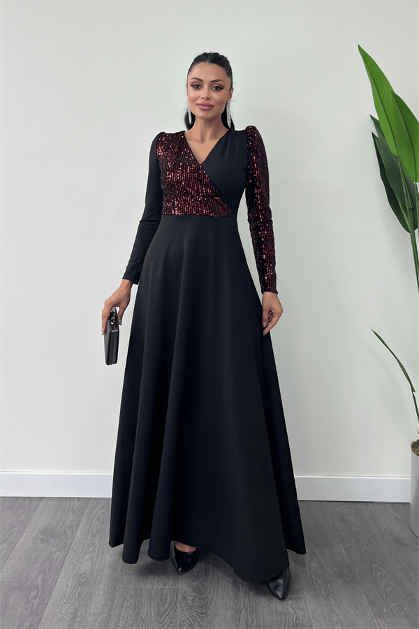 Krep Kumaş Payet Detaylı Elbise - BORDO